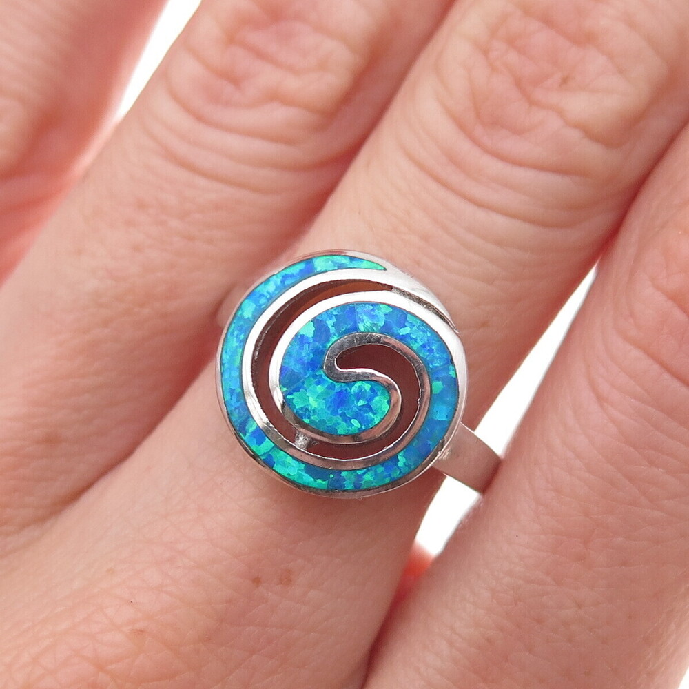 925 Sterling Silver Real Opal Spiral Ring Size 7.25